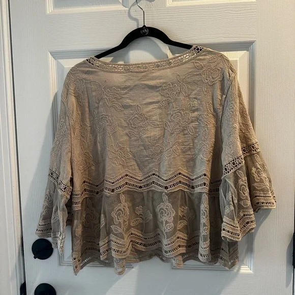 Rebellion Tan Blouse with Ruffled 3/4 Sleeves - Picture 3 of 3